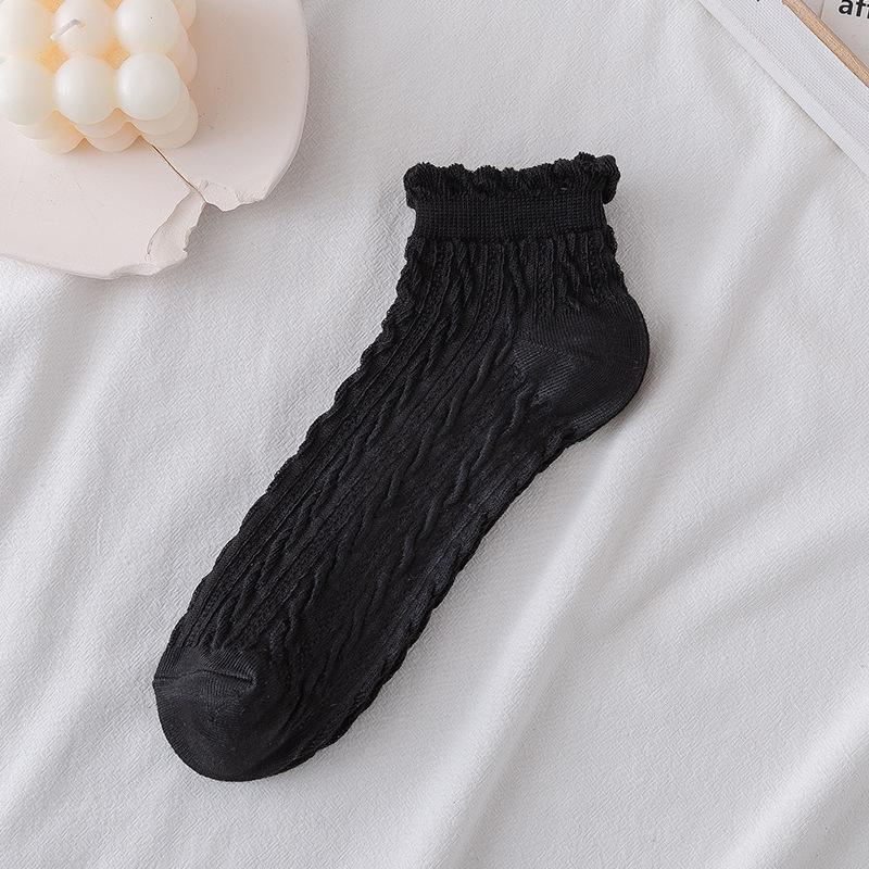 Women's Ruffle Edge Cable Knit Cotton Socks - Spring/Summer Japanese Style Short Boat Socks, Lace, Solid Colors.