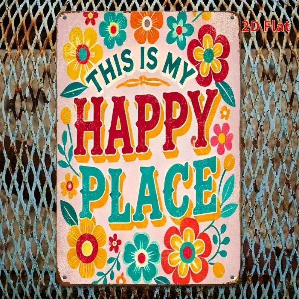 Happy Place Welcome Sign Colorful Floral Metal Wall Art 8x12 Inch Durable Home Garden Decor