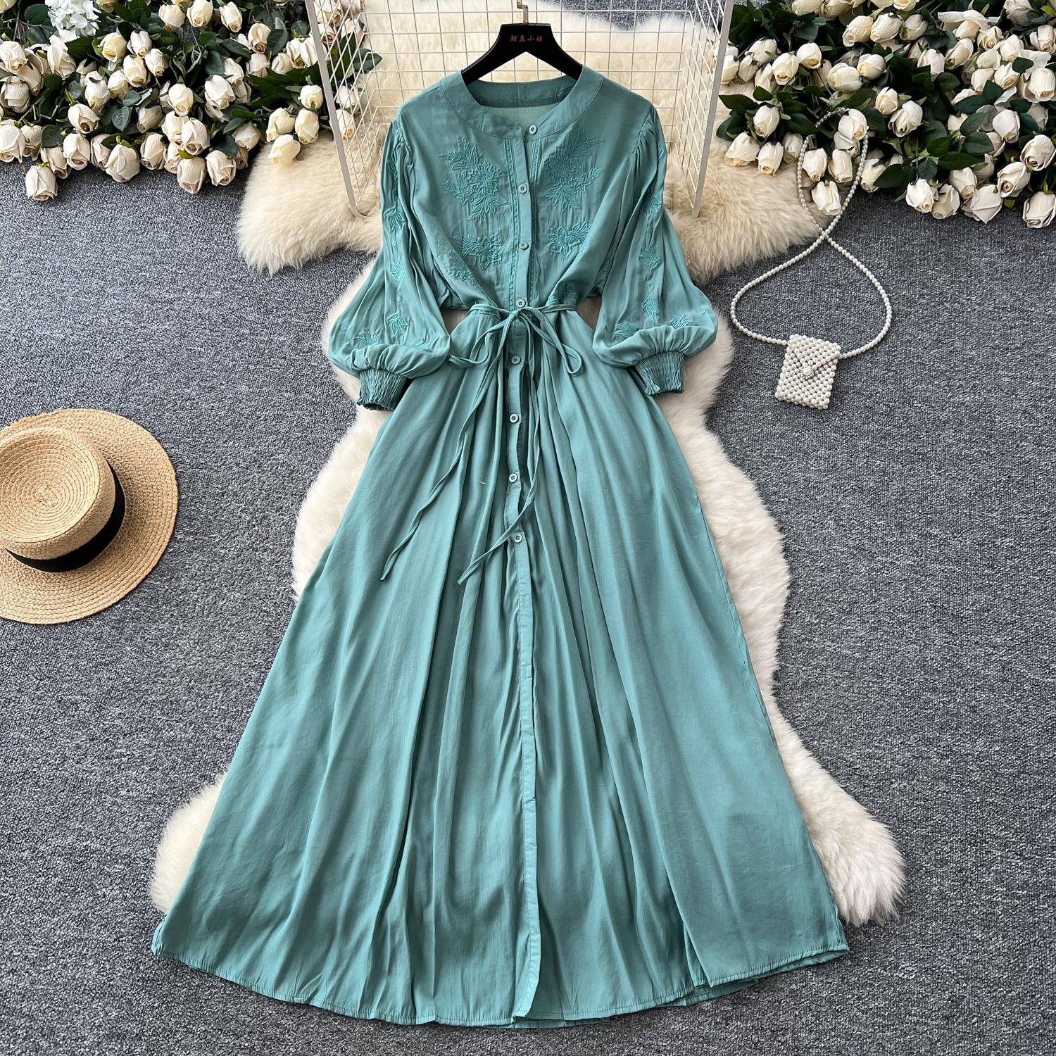 

Винтажное элегантное платье на пуговицах с вышивкой А-силуэта, шикарное, повседневное, для пляжного отдыха, женские летние платья One Size циан