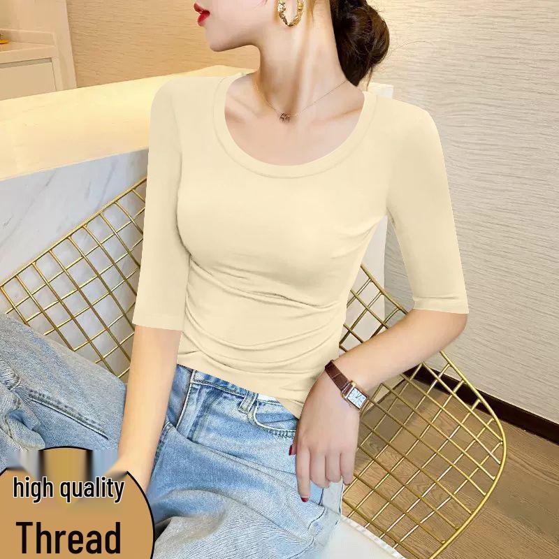 

Women s Spring/Summer Straight Shoulder Elastic Drape Short-Sleeve T-shirt - Large Size, Age-Reducing Mid-Sleeve Design M (for up to 95 jin)
