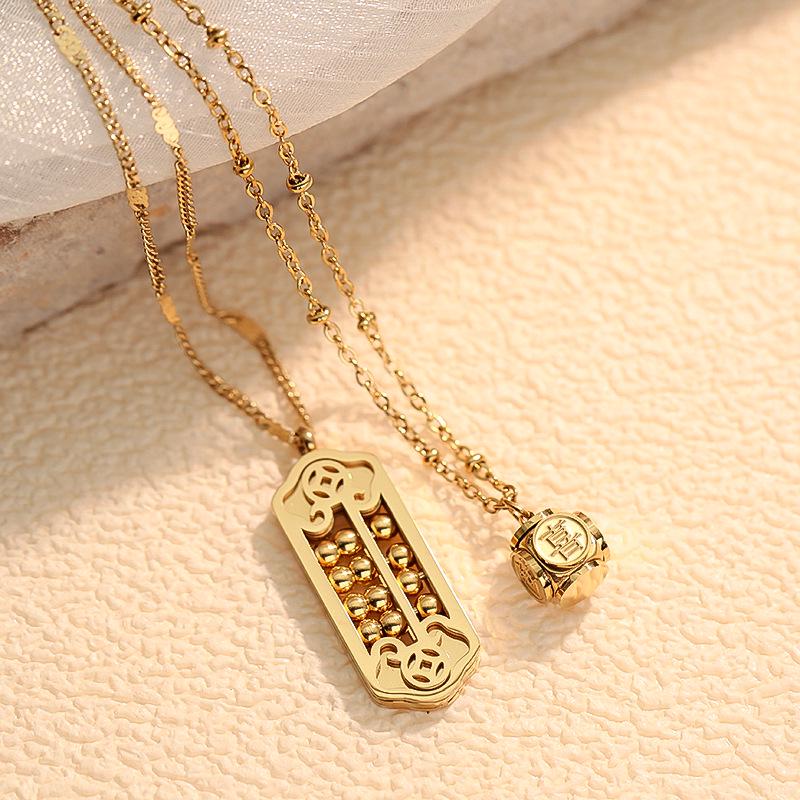 Trending Gold Coin Abacus Tiger Head Longevity Clavicle Chain for Autumn and Winter Sweater Accessories
