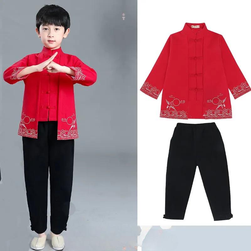 

Boy s Ethnic Children s Clothing Performance Costumes Hanfu Autumn Thickened Suit Long-sleeved Tang Suit Chinese Style Two-piece Suit 100 червоний