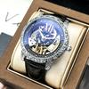 Luxury Men's Automatic Mechanical Watch  Golden Engraved Skeleton Dial Roman Numeral Dial Luminous Dress Wrist Watch for Men