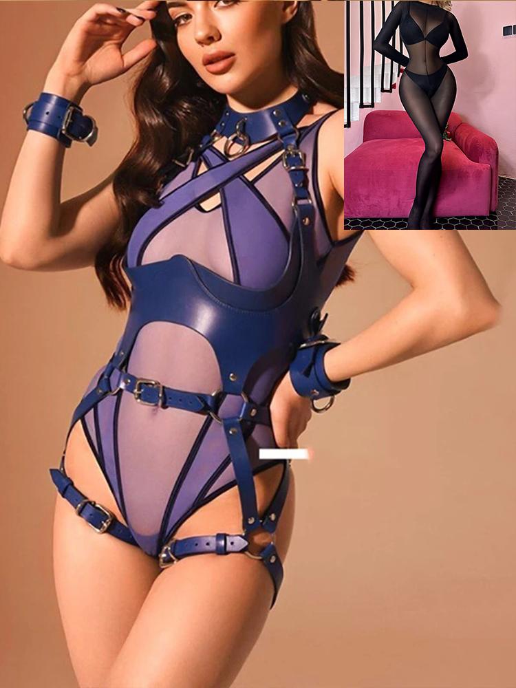 Sexy Bondage Lingerie Outfit Leather with Bodystockings  Adjustable Garter Full Body Harness Gothic Sex Product Erotic Set