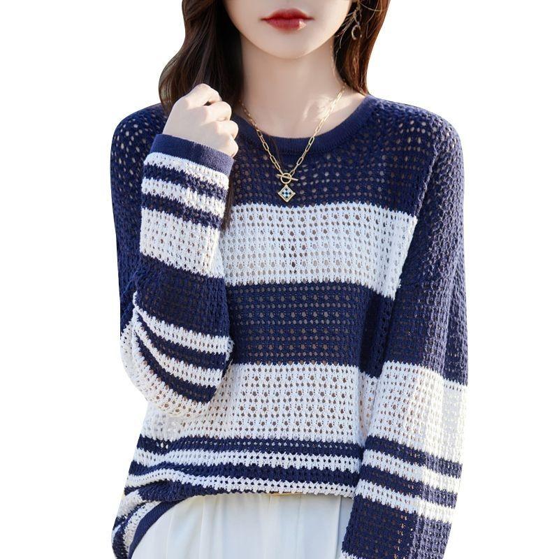 Spring Summer Hollow Knitted Sweater with Knitted Stripes Loose Long Sleeved Sunscreen Cover Thin Top