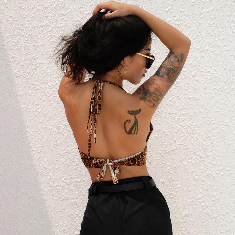Leopard Print Tank Tops Tees Sexy Halter Crop Women Sleeveless Cropped Tops Backless Streetwear Korean Fashion Clothing