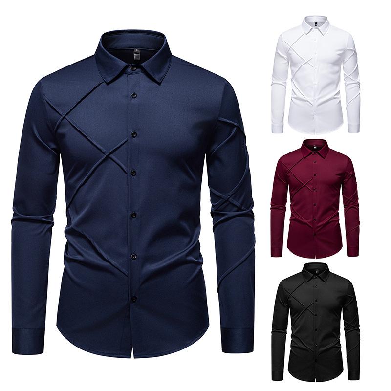 Autumn Men'S Solid Color Pleated Design Casual Long Sleeve Shirt Men'S Loose Shirt
