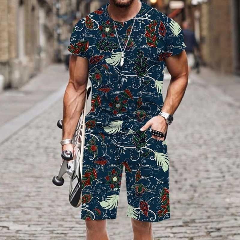 Summer Fashion Casual Men's Suit Vintage Pattern 3D Printed Sportswear Short-sleeved Suit Oversized Round Neck T-shirt Shorts 2-piece