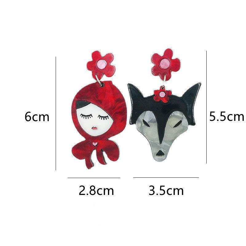 Orecchini Design Europeo e Americano Lupo Cattivo Cappuccetto Rosso Acrilico Asimmetrici Moda