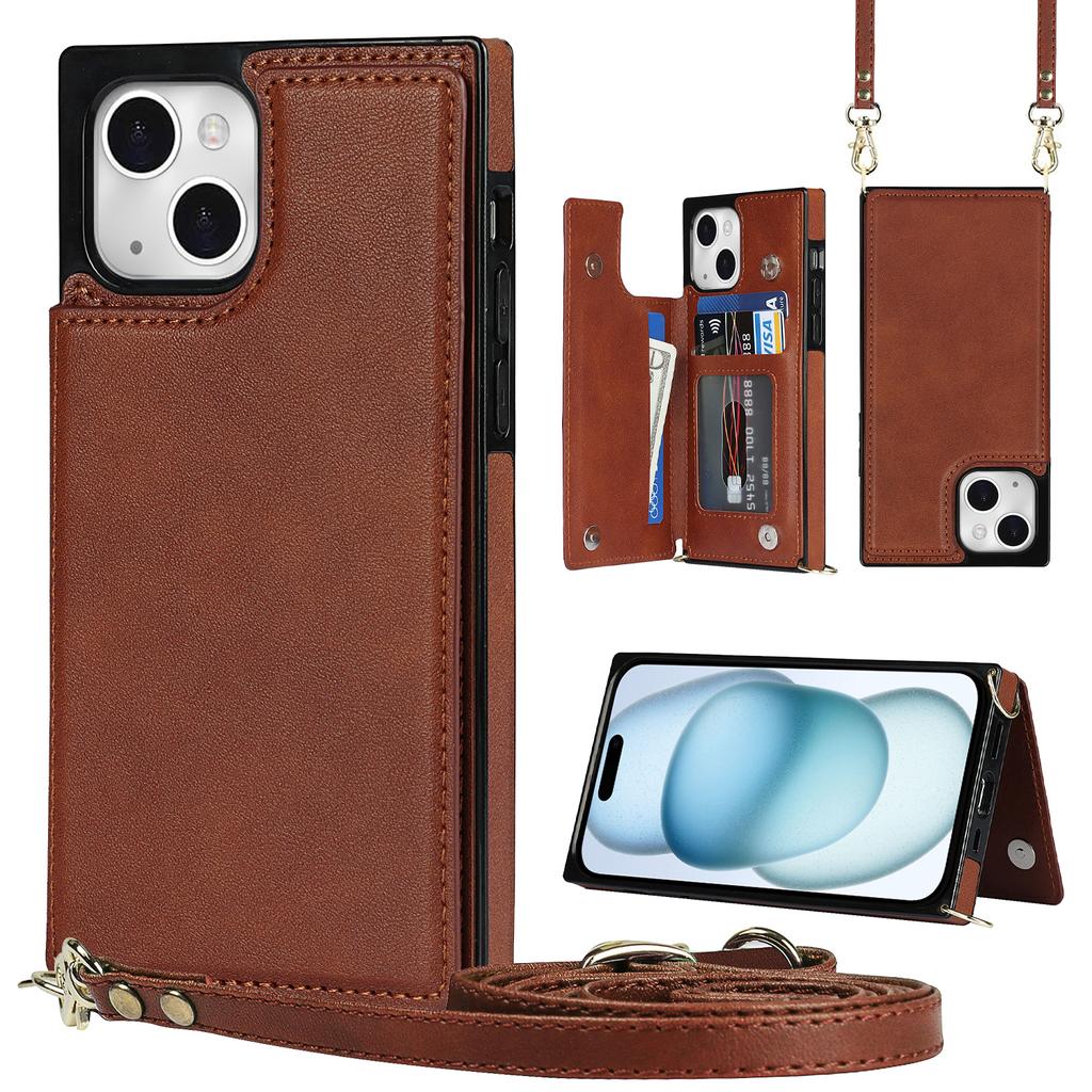 For iPhone 15 RFID Blocking Card Holder Back Cover Kickstand Phone Case with Shoulder Strap