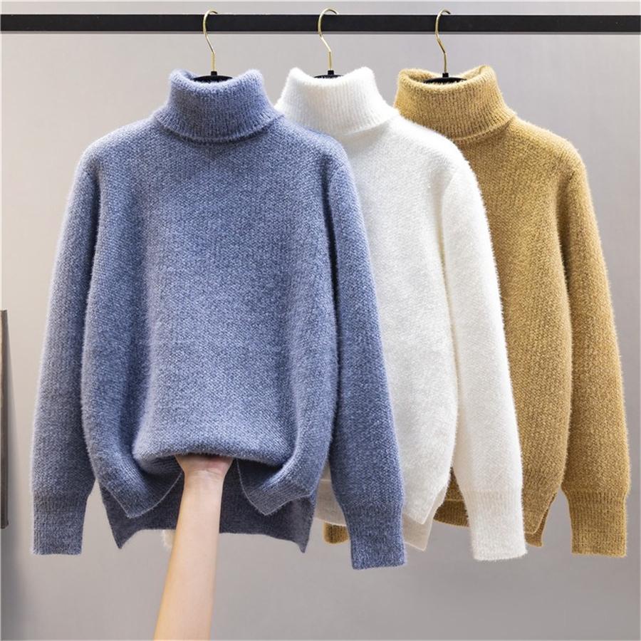 Winter Turtleneck  Thicken Sweater Women Casual Warm Plush Lining Knit Tops Add Velvet Bottomed Blue Pullover