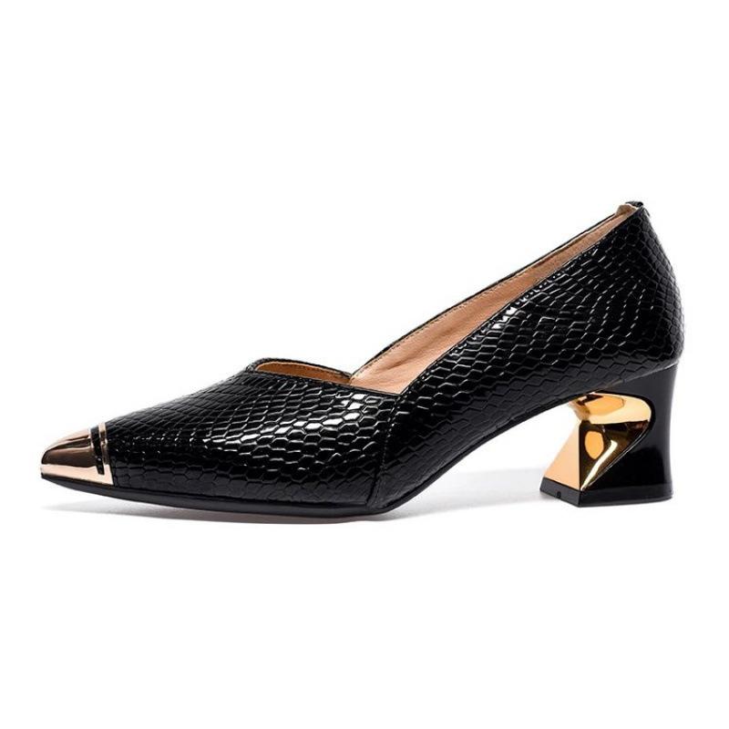 

Женские туфли-лодочки с металлическим носком, защитой от ударов, с мелким вырезом, на толстом каблуке, на универсальной мягкой подошве, с принтом под змеиную кожу, весна-осень 2025 40 чёрный