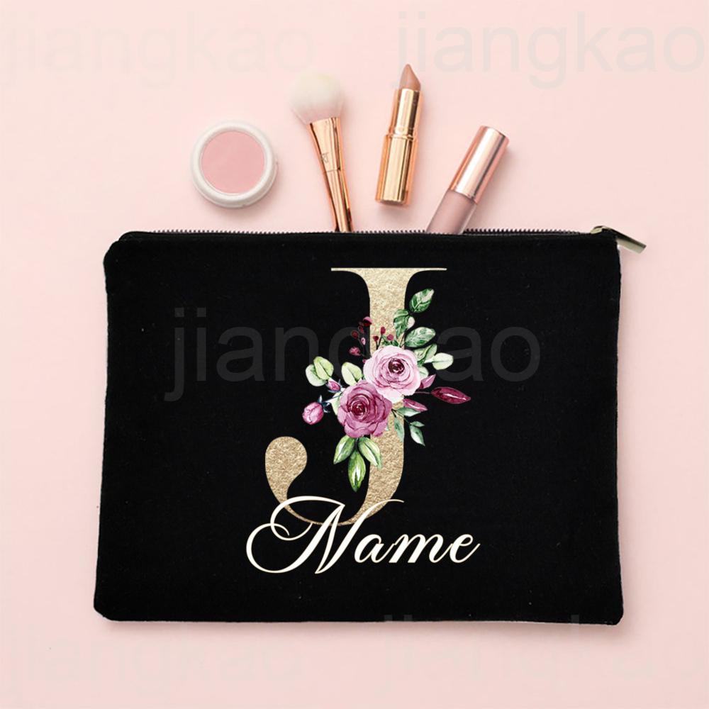 Personalised Letter with Name Makeup Bag Bridal Cosmetic Case Canvas Monogram Toiletry Bags Birthday Wedding Bridesmaid Gifts