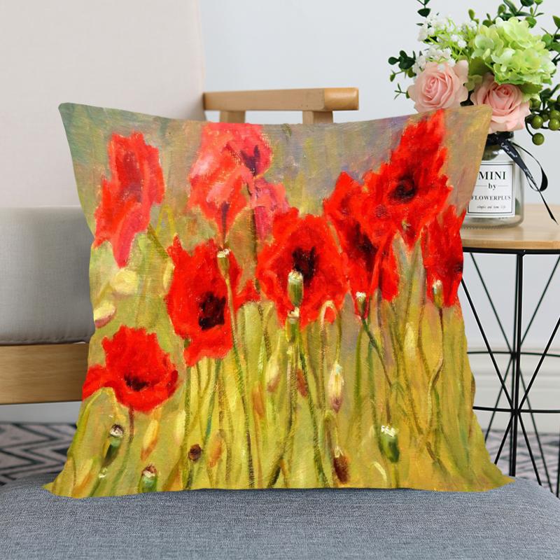 Red Poppy Flower Print Pattern Pillow Case Home Living Room Sofa Bedroom Decoration Soft Throw Square