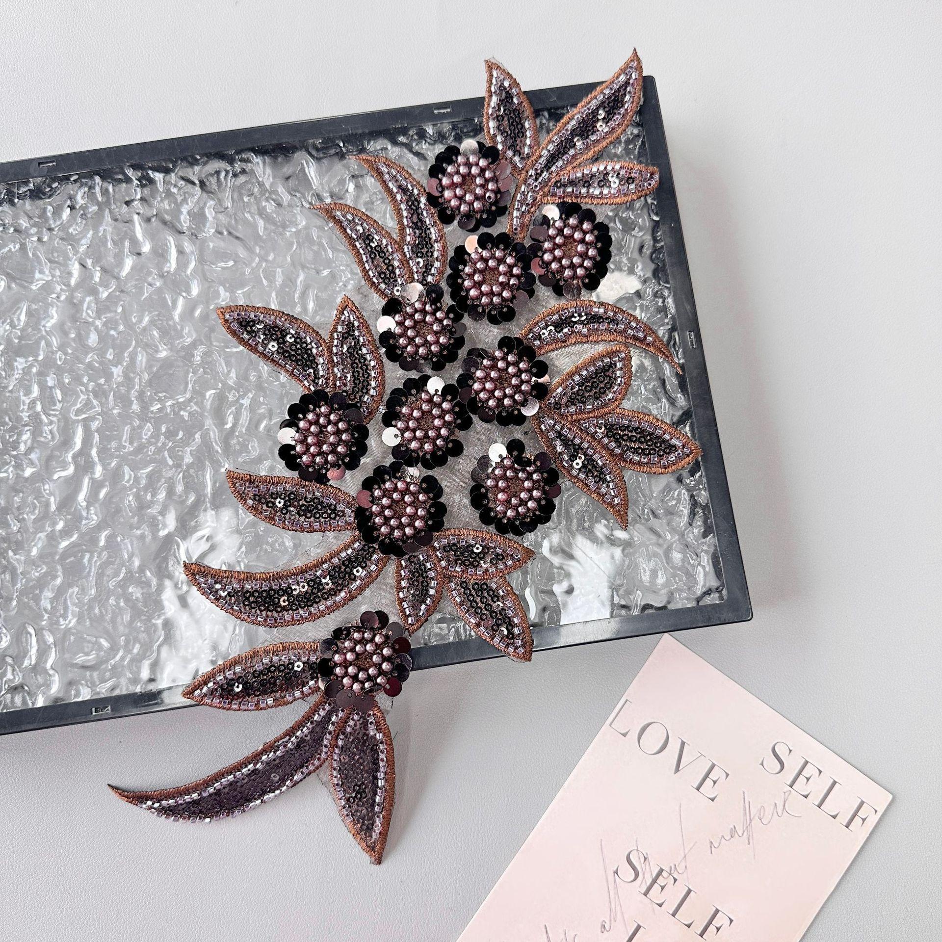 

Heavy Industry Mesh Handmade Beaded Sequins Three-Dimensional Flower Embroidery Applique Wedding Dress Hair Accessories Decorative Cloth Stickers H8090 Coffee