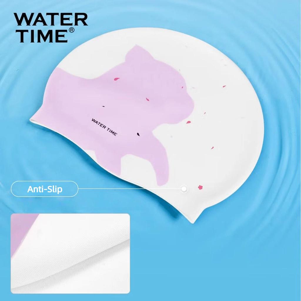 WATERTIME Silicone Swimming Cap, Waterproof, for Long Hair, Large Size, Ear Protection, Cat Pattern