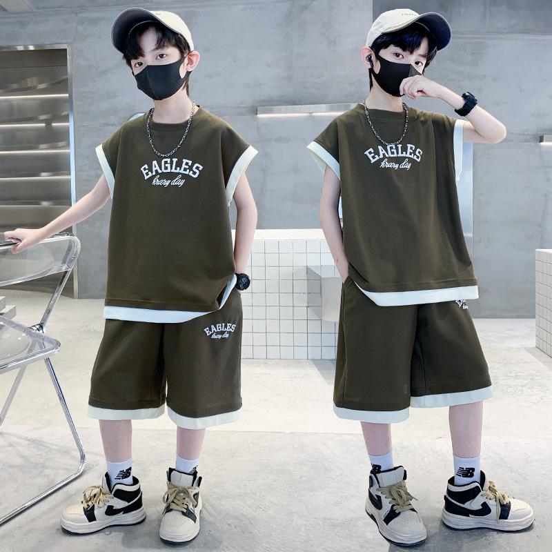 

Summer Teenage Boy Cotton Clothes Set Children Sleeveless Tshirts and Shorts Suit Kid Short Sleeve Top Bottom Outfits Tracksuit 170cm зелений