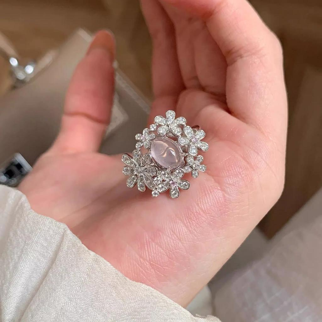 Light luxury inlaid diamond small flower beautiful rings for women natural ice chalcedony ring engagement retro wedding