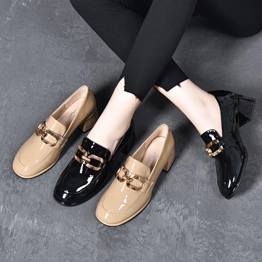 Autumn new one-pedal fashionable small single shoes round head thick heel cow patent leather square buckle women's shoes
