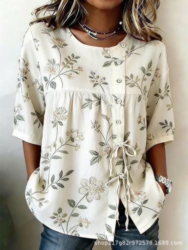 European and American summer new women's tops, shirts, geometric printing buttons, drawstrings, half-sleeved tops, T-shirts, women's clothing