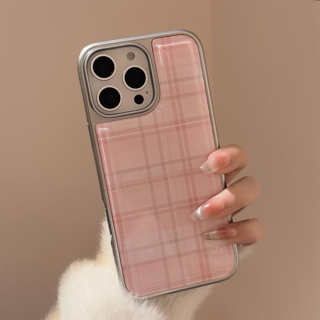 Pink Plaid Suitable for iPhone 16, 17 Pro Max, 14, 13, 15, Korean Sweet Style, Huawei Hard Case