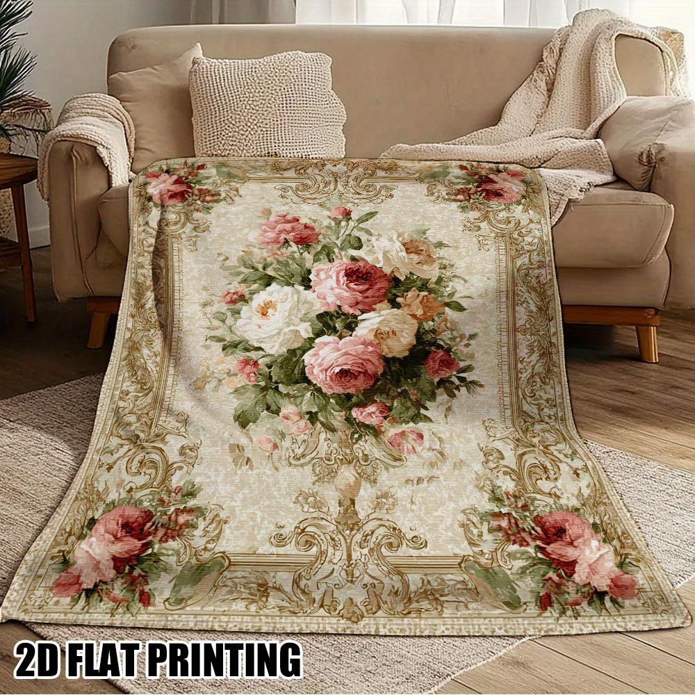 1pc Soft Cozy Vintage Floral Print Blanket, Elegant Flannel Bedspread, for Sofa Bed, Machine Washable Polyester, Weddings Spring Summer Decor, 2D Flat