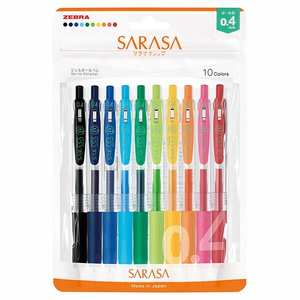 Zebra Sarasa Clip Gel Ballpoint N Pen, 0.4mm, 10-Color Set, JJS15-10C-N