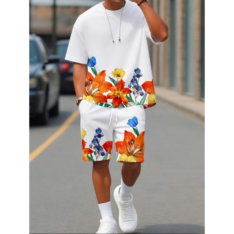 2026 New Summer Men s Colorful flowers Print T-Shirt And Shorts Set Loose Simple Fashion Sportswear Casual Two Piece Outfit For Adult Men S