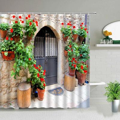 Nordische Italienische Straßen-Gassen Duschvorhänge Gartenblumen-Landschaft Badezimmer-Dekoration Wasserdichtes Gewebe Duschvorhang Mit Haken