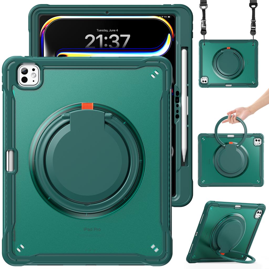 Pro iPad Pro 13 (2024) Pouzdro s otočným stojánkem PC+TPU+Silikonový kryt s ramenním popruhem
