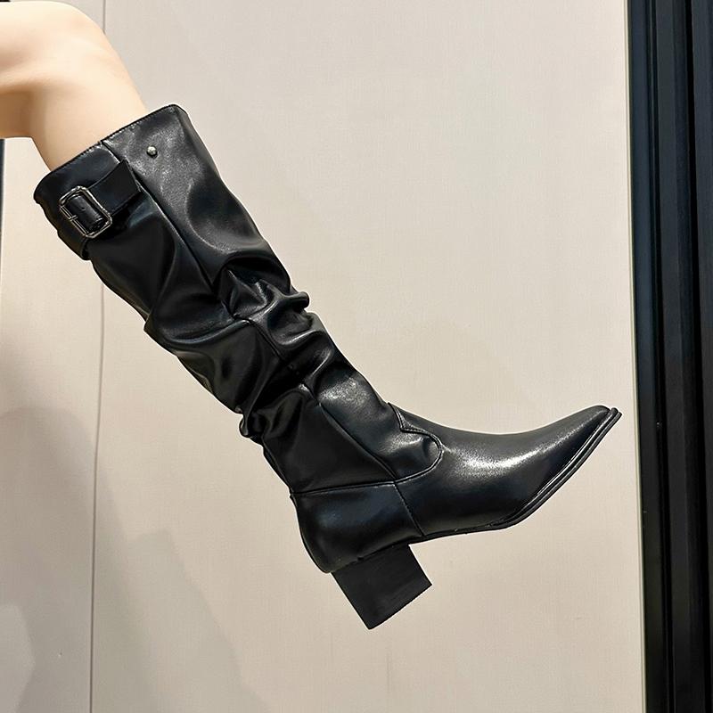 Sexy Pointed Toe Women High Boots Fashion High Heels Glossy Leather Shoes  Winter Suede Knee Goth Botas Mujer Luxury Pumps