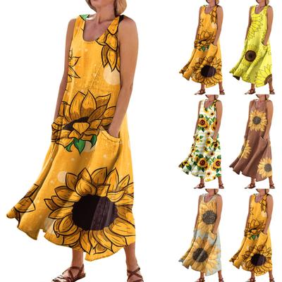 Damen Sommerkleid, lässig, modisch, bedruckt, ärmellos, Rundhalsausschnitt, Taschenkleid
