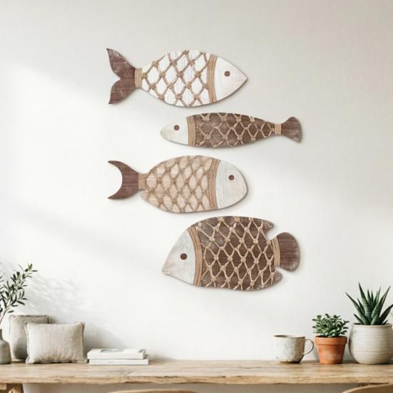 4Pcs Wooden Fish Wall Decoration Nautical Coastal Theme Wall Hangings Handmade Rustic Ocean Fish Art Decor for Bathroom Kitchen Living Room