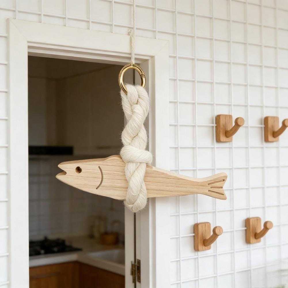 Wooden Fish Shaped Pendant Rope Ring Design Wall Art Hanging Decor for Home Door Car Ornament Room Decoration Accessories 1PC