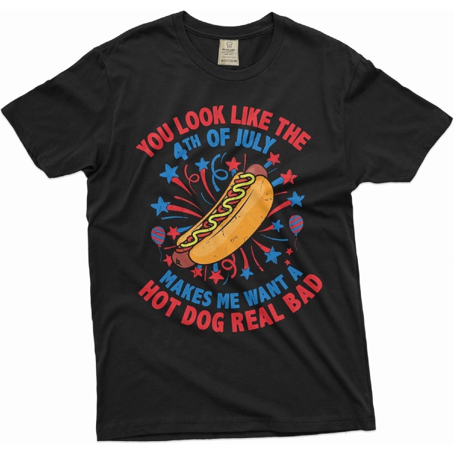 Men s Funny 4th of July Hot Dog T-Shirt Fourth Patriotic Funny Humorous Text Wiener hot Dog tee S