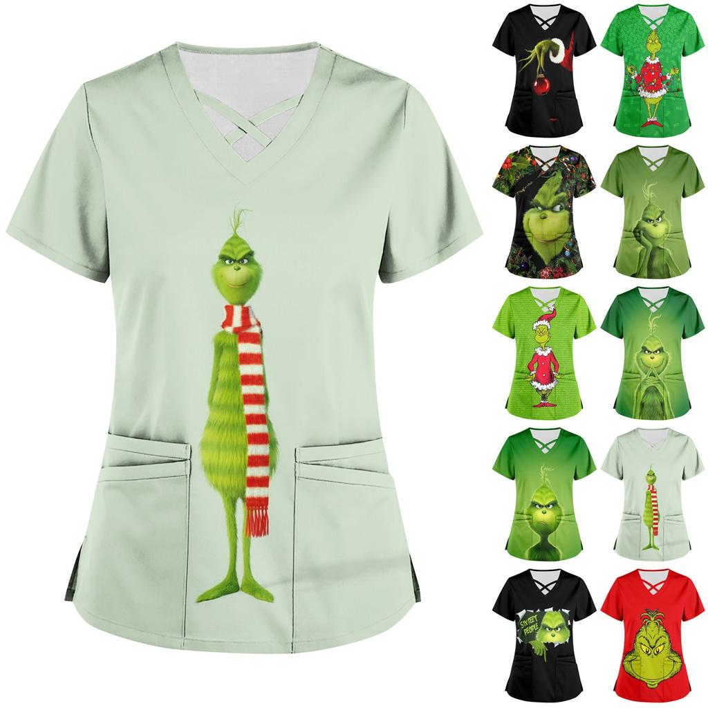 Women's Printed Work Clothes With V Neck And Double Layer Pocket Basic Tops Pullover