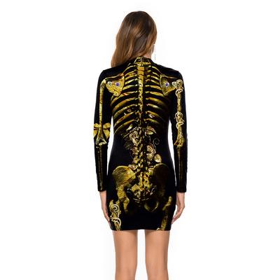 Hot-selling Halloween Women's Clothing, Skull Frame Printing Flower Hip Wrap Women's Long-sleeved Tight Dress Women