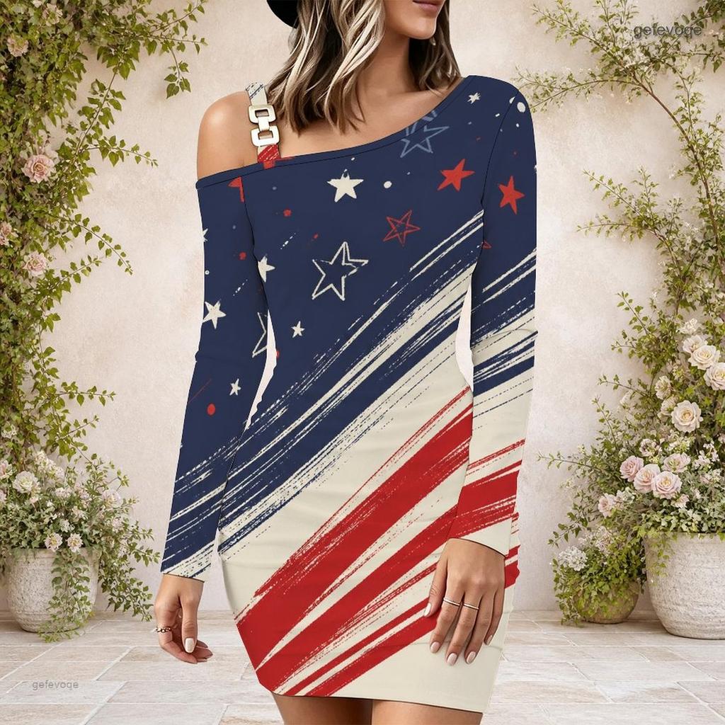 Women Plus Size One Shoulder Strap Long Sleeve Printed Red Blue White Bodycon Mini Dress