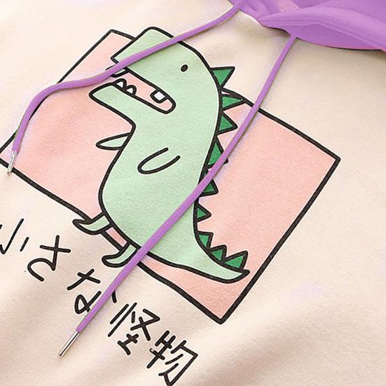 Dámská mikina s kapucí, potisk dinosaura, kontrastní barva, volný střih, hřejivá mikina pro každodenní nošení