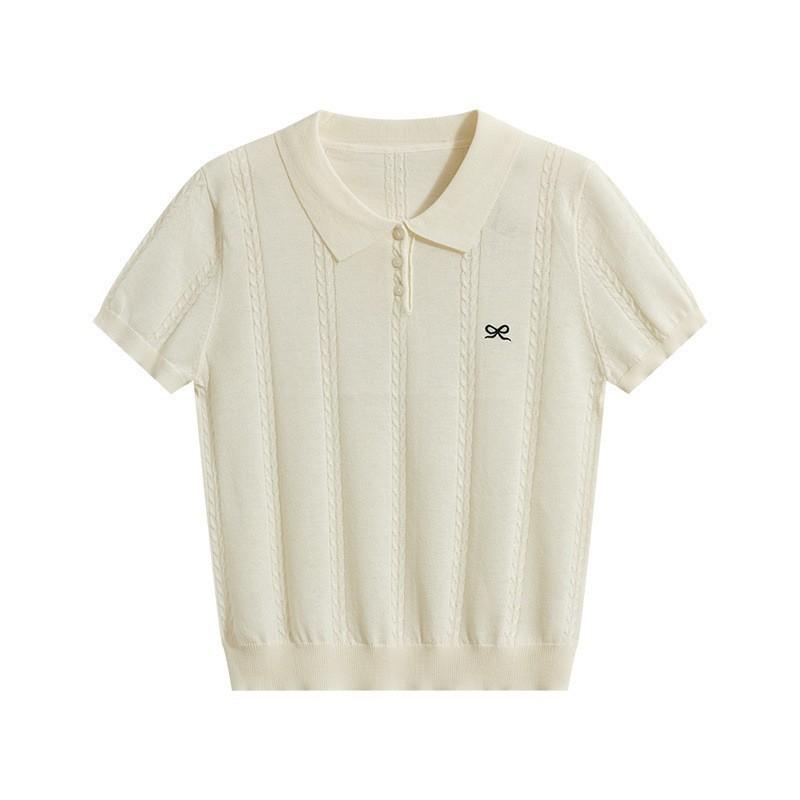 

Футболка с коротким рукавом, вышитая бантом, для женщин, новая летняя рубашка поло в корейском стиле с прямым плечом и тонкий вязаный топ one size абрикосовый