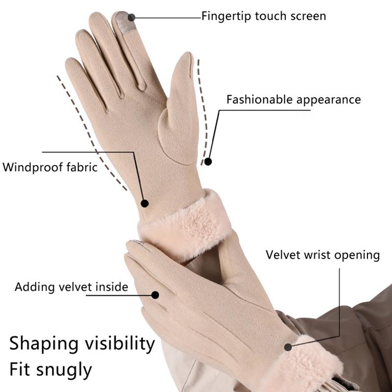 Autumn Winter Warm Suede Gloves Plus Velvet Thickened Plush Decor Cuff Gloves Outdoor Coldproof Touchscreen Riding Ski Gloves