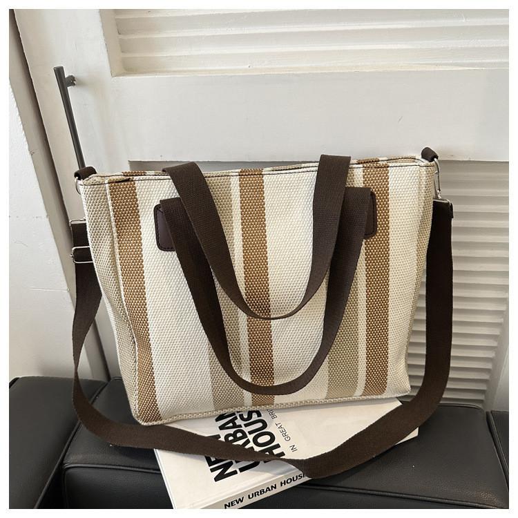 Large Capacity Striped Canvas Tote Bag Autumn Winter 2023 New Street Style Casual Shoulder Crossbody Bag