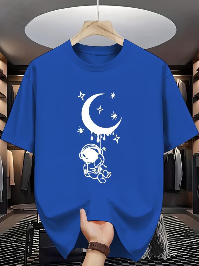 Unisex Crew Neck Tee Astronaut Moon Star Cartoon Graphic Print Soft Cotton Loose Short Sleeve Summer Casual Male Streetwear Tops
