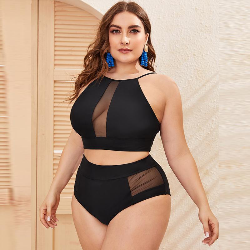 HYTENSUN Costume 2 Pezzi Vita Alta Senza Spalline - Nero 133, Taglia M, Costine Patchwork, Tessuto Elastico Nylon/Spandex