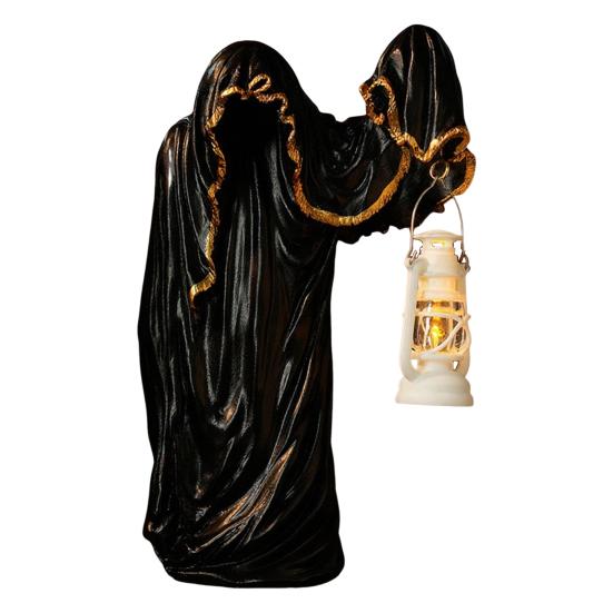 Ghost Wizard Figurine Halloween Ghost Statue with Light-up Lantern Vintage Gothic Ghost Sculpture for Indoor Mantel Cabinet Decoration