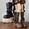 Thick-soled Heightening Knight Boots Women's 2025 New Spring and Autumn Retro Brown Maillard Stacking Boots Medium Tube Boots