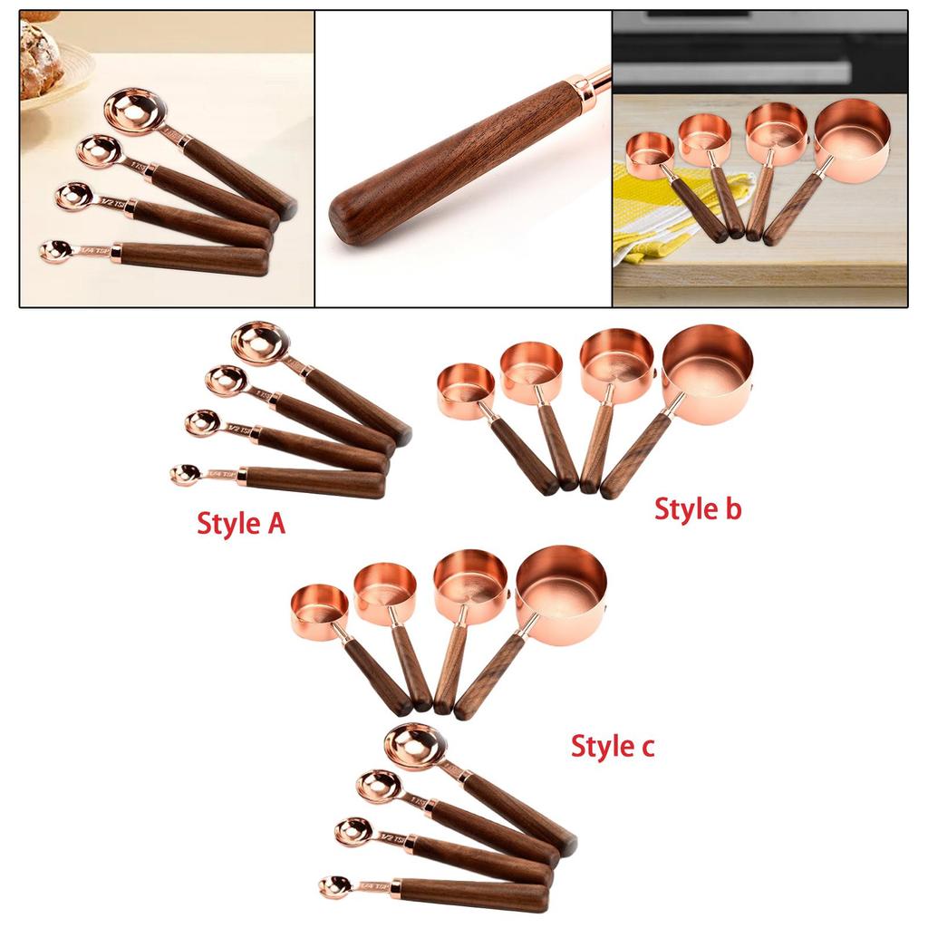 Measuring Cups Spoons Set Wooden Handle Baking Gadgets Stainless Steel Measuring Spoons for Nuts Baking Cooking Oil Milk