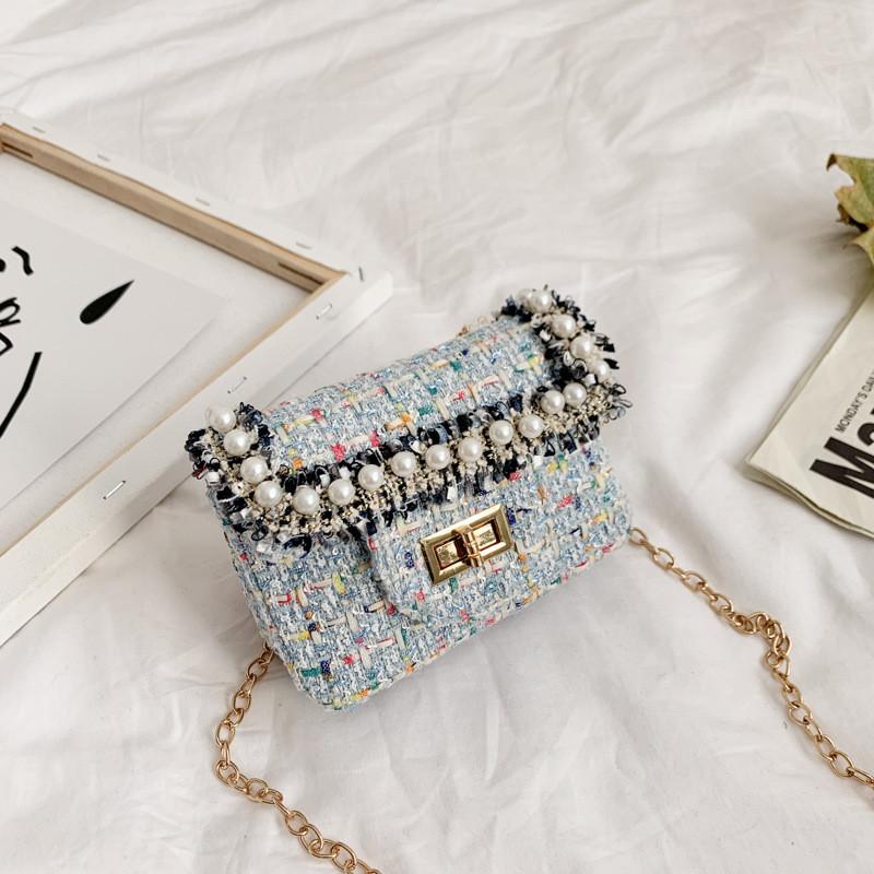 Adorable Mini Crossbody Bag For Kids Stylish Plush Princess Coin Purse With Pearl Chain синий