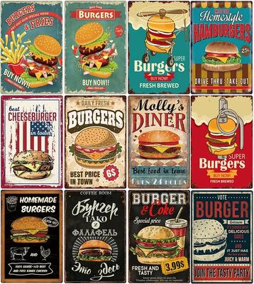 Delicious Hamburger Food Signs Metal Plaques Barbecue Kitchen Restaurant Shop Tin Sign Decorative Posters Retro Iron Paintings