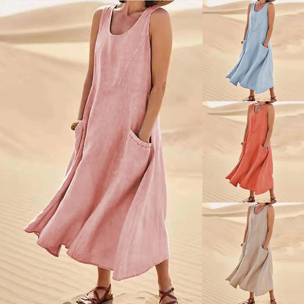 Neuankömmling: Ärmelloses Baumwollleinen Midikleid mit Taschen - Einfarbig